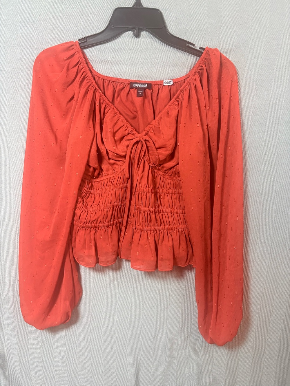 Express Rust Smocked Tie-Front Peasant Blouse 0657